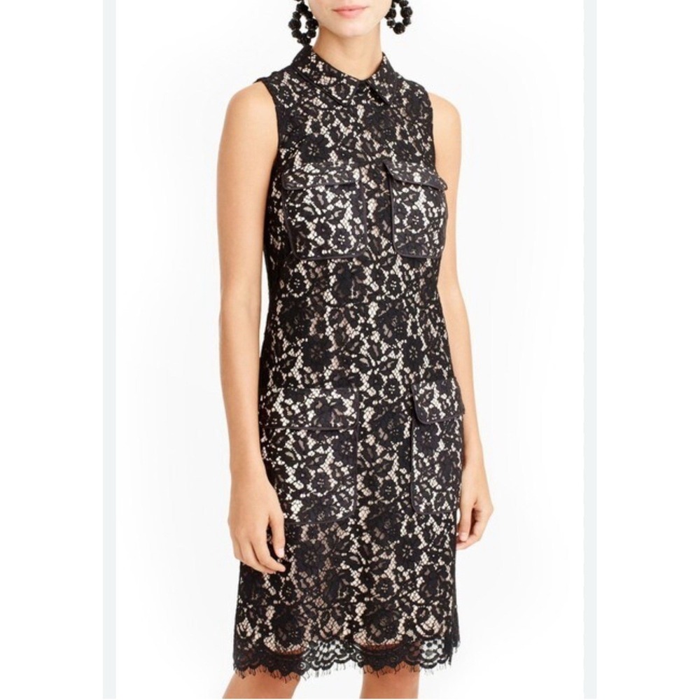 J Crew Sleeveless Black & Nude Lace Cocktail Dress Sheath Pockets Size 10 EUC